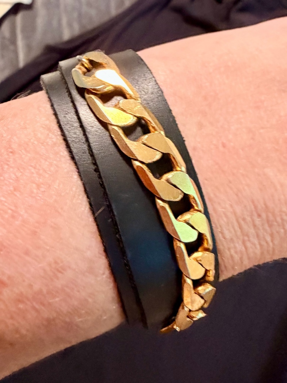 Artisan Black Leather Gold Tone Chain Magnetic Clasp Bracelet